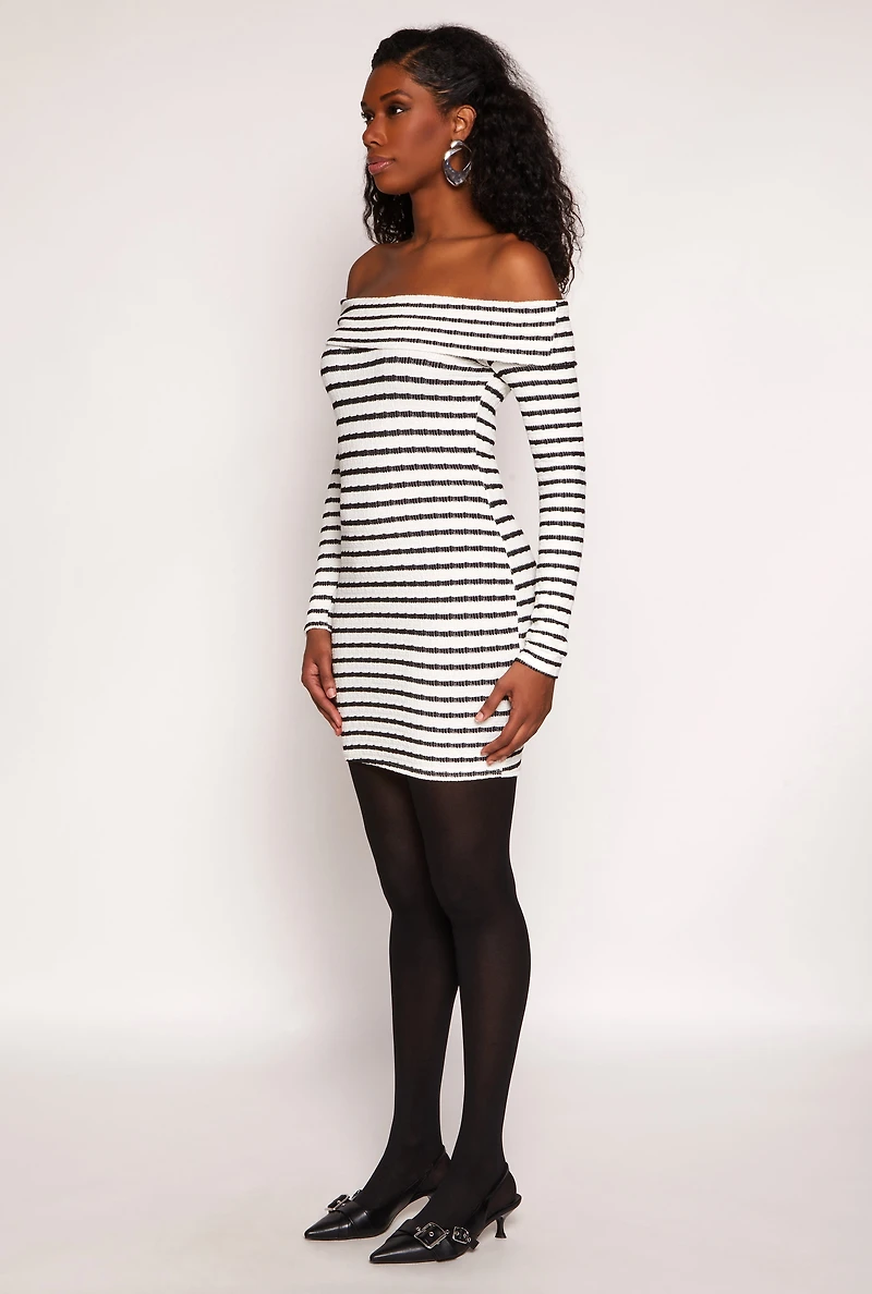 Womens Textured Knit Striped Off The Shoulder Dress, Multi, Size M