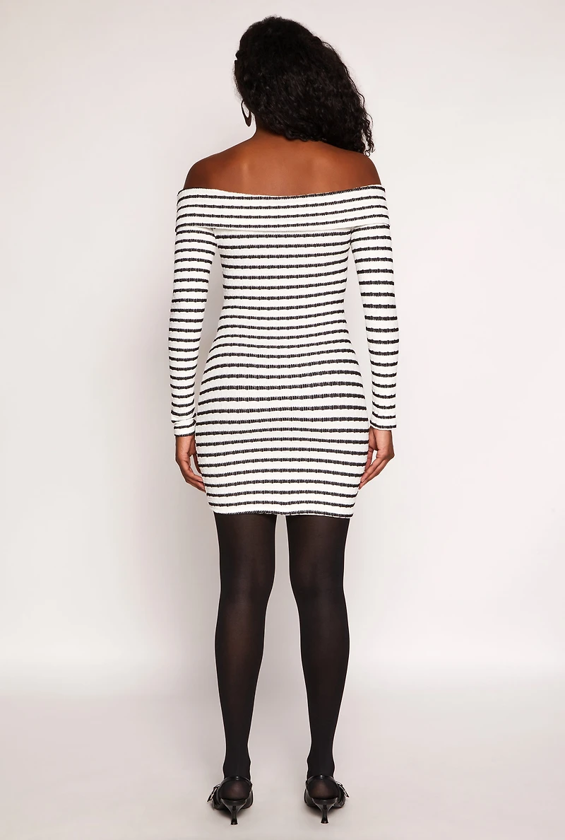 Womens Textured Knit Striped Off The Shoulder Dress, Multi, Size M