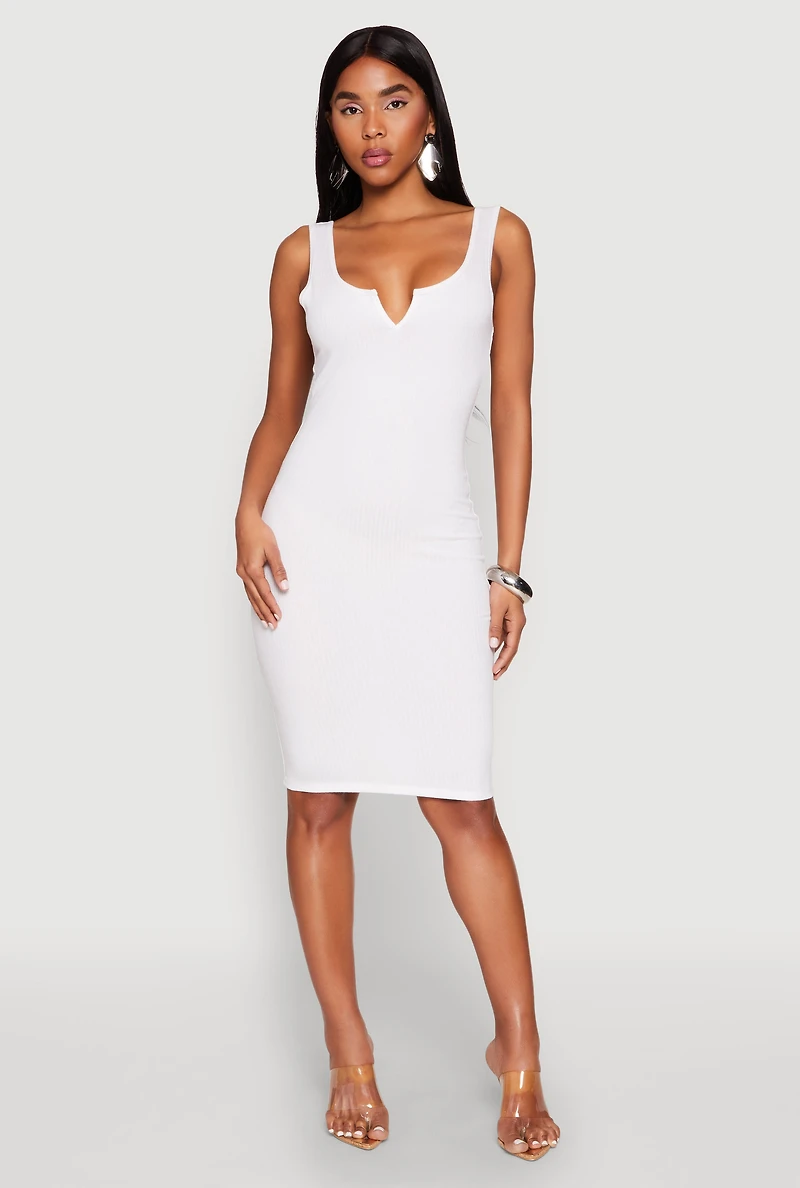 Womens Ribbed Knit Notch Neck Dress, White, Size S