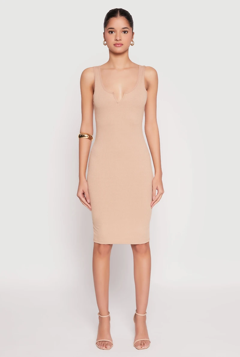 Ribbed Knit Notch Neck Dress