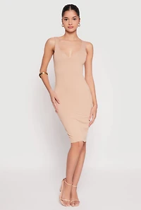 Womens Ribbed Knit Notch Neck Dress, Beige, Size M