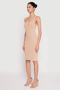 Womens Ribbed Knit Notch Neck Dress, Beige, Size M