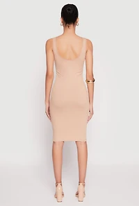 Womens Ribbed Knit Notch Neck Dress, Beige, Size M