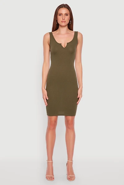 Womens Ribbed Knit Notch Neck Dress,