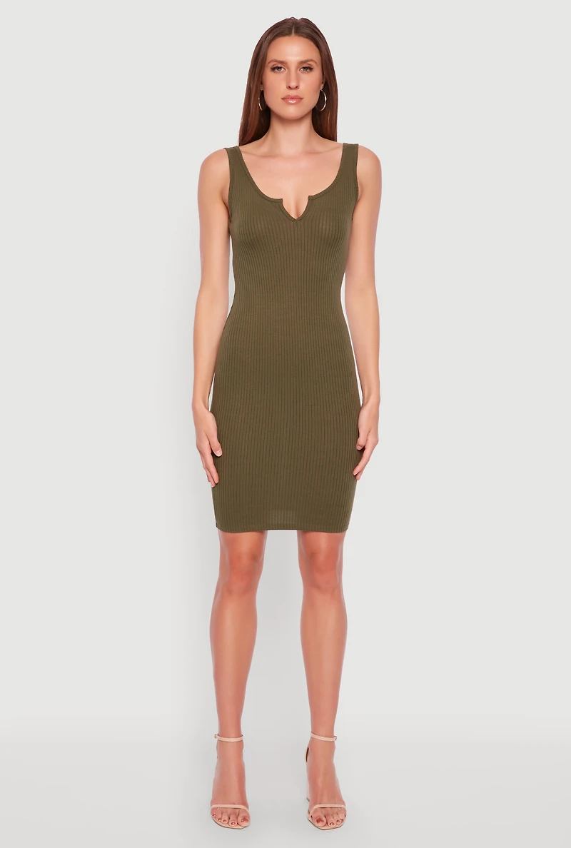 Ribbed Knit Notch Neck Dress