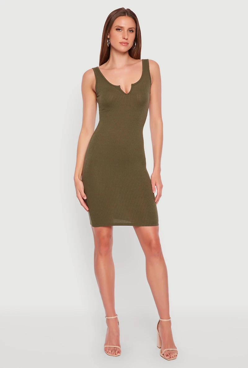 Womens Ribbed Knit Notch Neck Dress, Green, Size S