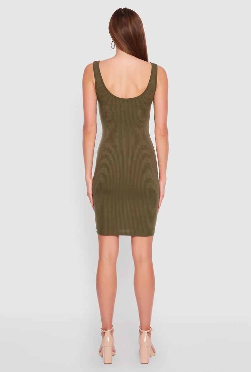 Womens Ribbed Knit Notch Neck Dress, Green, Size S