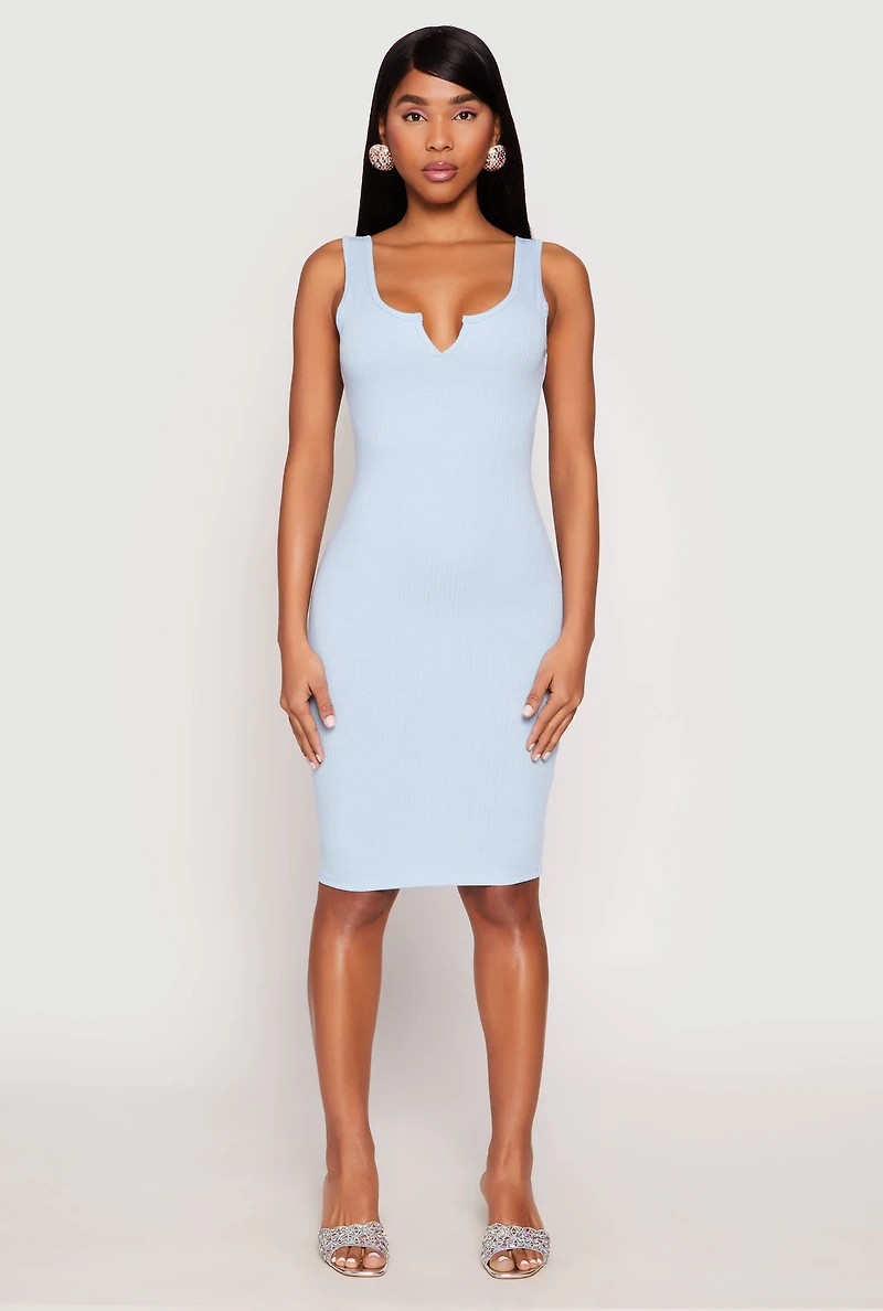 Womens Ribbed Knit Notch Neck Dress, Blue, Size S