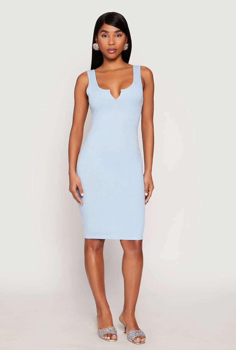 Womens Ribbed Knit Notch Neck Dress, Blue, Size S