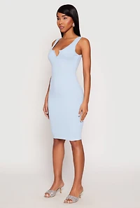 Womens Ribbed Knit Notch Neck Dress, Blue, Size S