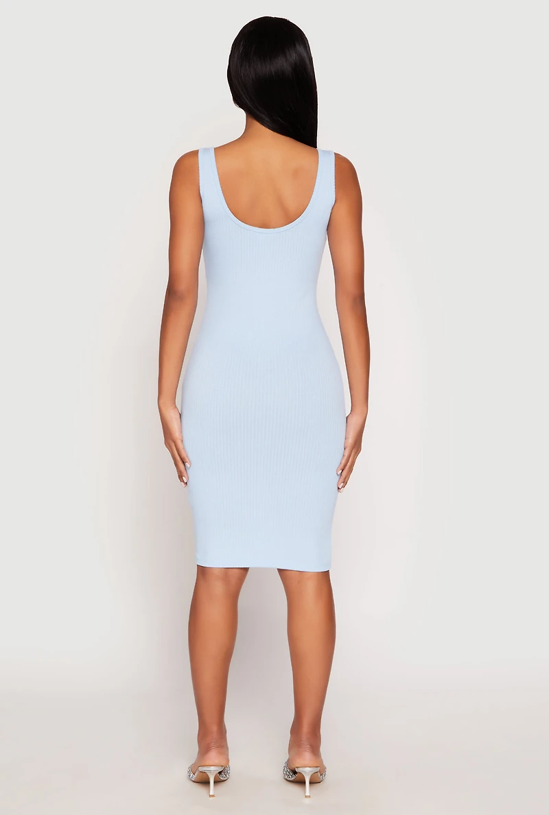 Womens Ribbed Knit Notch Neck Dress, Blue, Size S