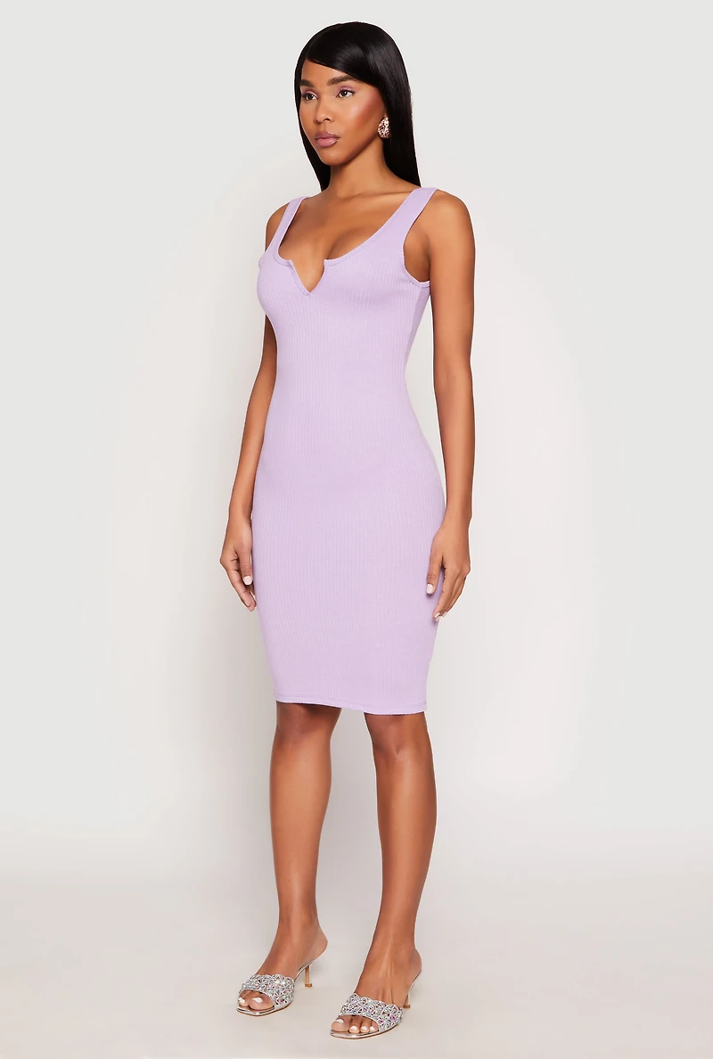 Ribbed Knit Notch Neck Dress