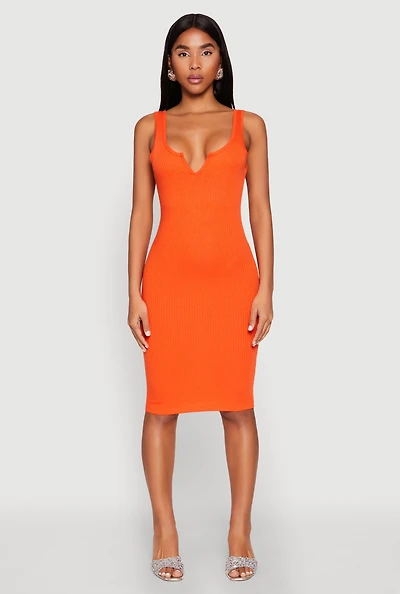 Womens Ribbed Knit Notch Neck Dress,