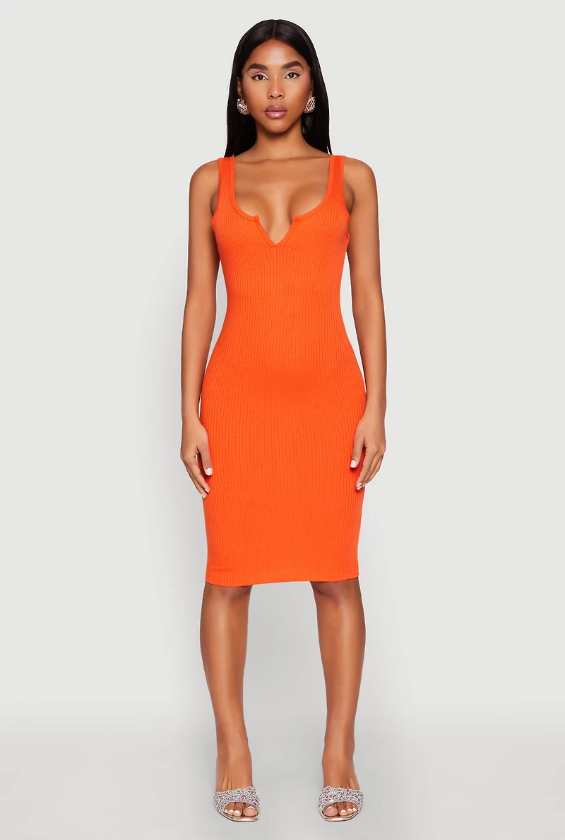 Ribbed Knit Notch Neck Dress