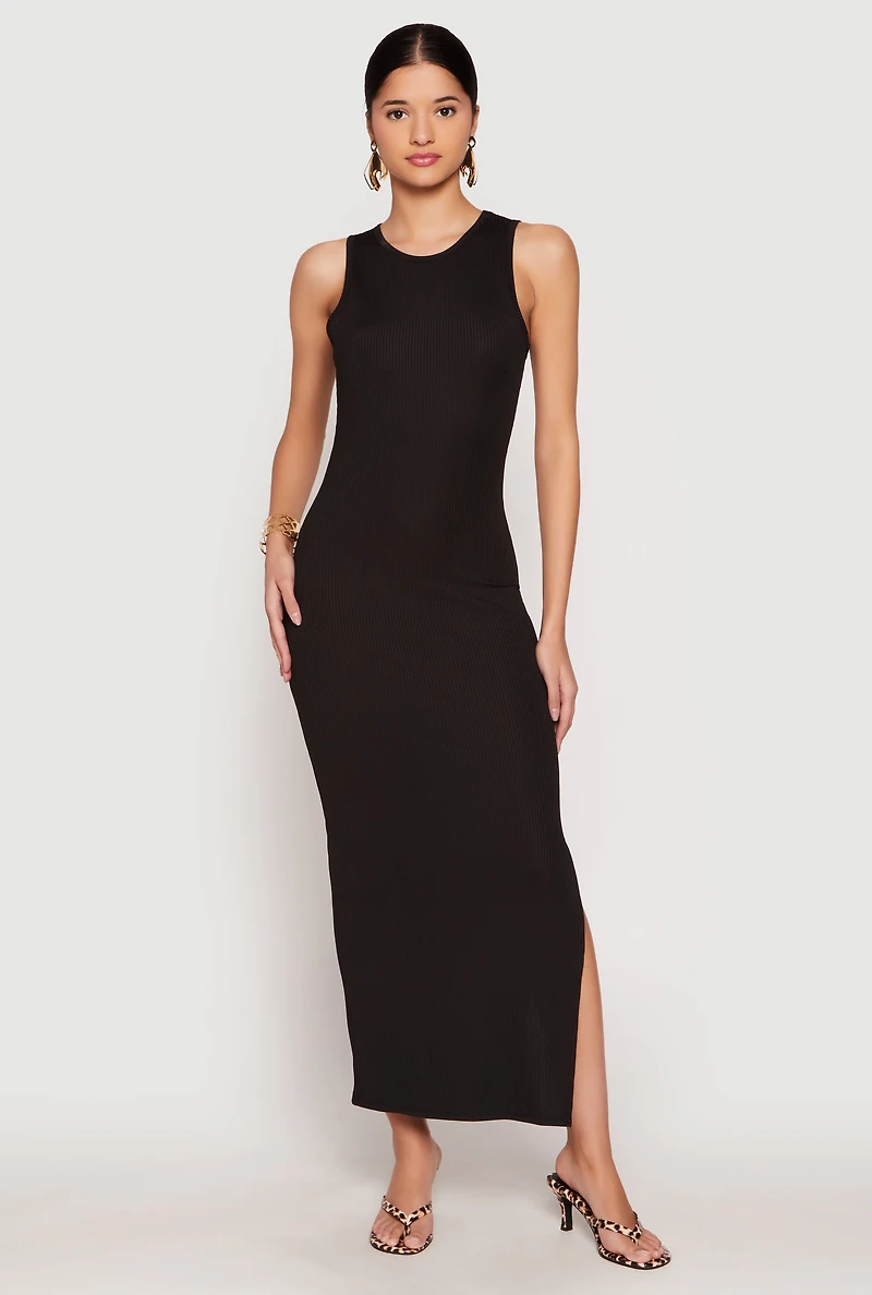 Womens Ribbed Knit Side Slit Tank Maxi Dress, Black, Size S