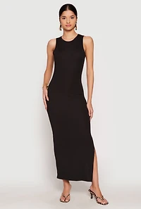 Womens Ribbed Knit Side Slit Tank Maxi Dress, Black, Size S