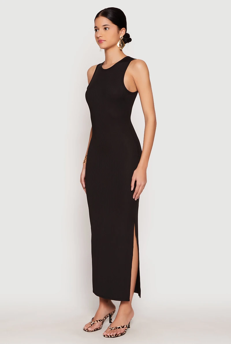Womens Ribbed Knit Side Slit Tank Maxi Dress, Black, Size S