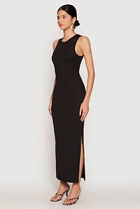 Womens Ribbed Knit Side Slit Tank Maxi Dress, Black, Size S