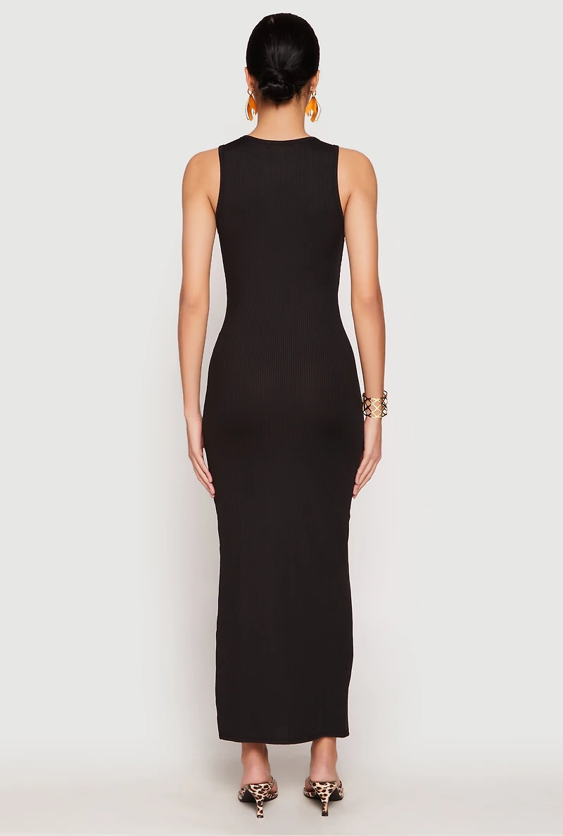 Womens Ribbed Knit Side Slit Tank Maxi Dress, Black, Size S