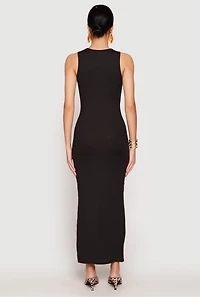 Womens Ribbed Knit Side Slit Tank Maxi Dress, Black, Size S