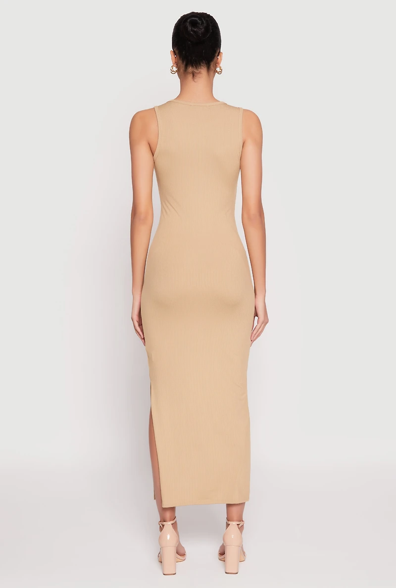 Womens Ribbed Knit Side Slit Tank Maxi Dress,