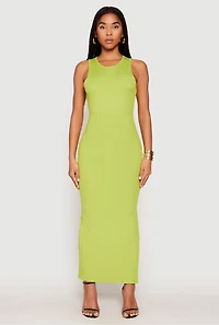 Womens Ribbed Knit Side Slit Tank Maxi Dress, Green, Size M
