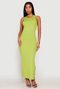 Womens Ribbed Knit Side Slit Tank Maxi Dress, Green, Size M