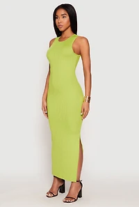 Womens Ribbed Knit Side Slit Tank Maxi Dress, Green, Size M