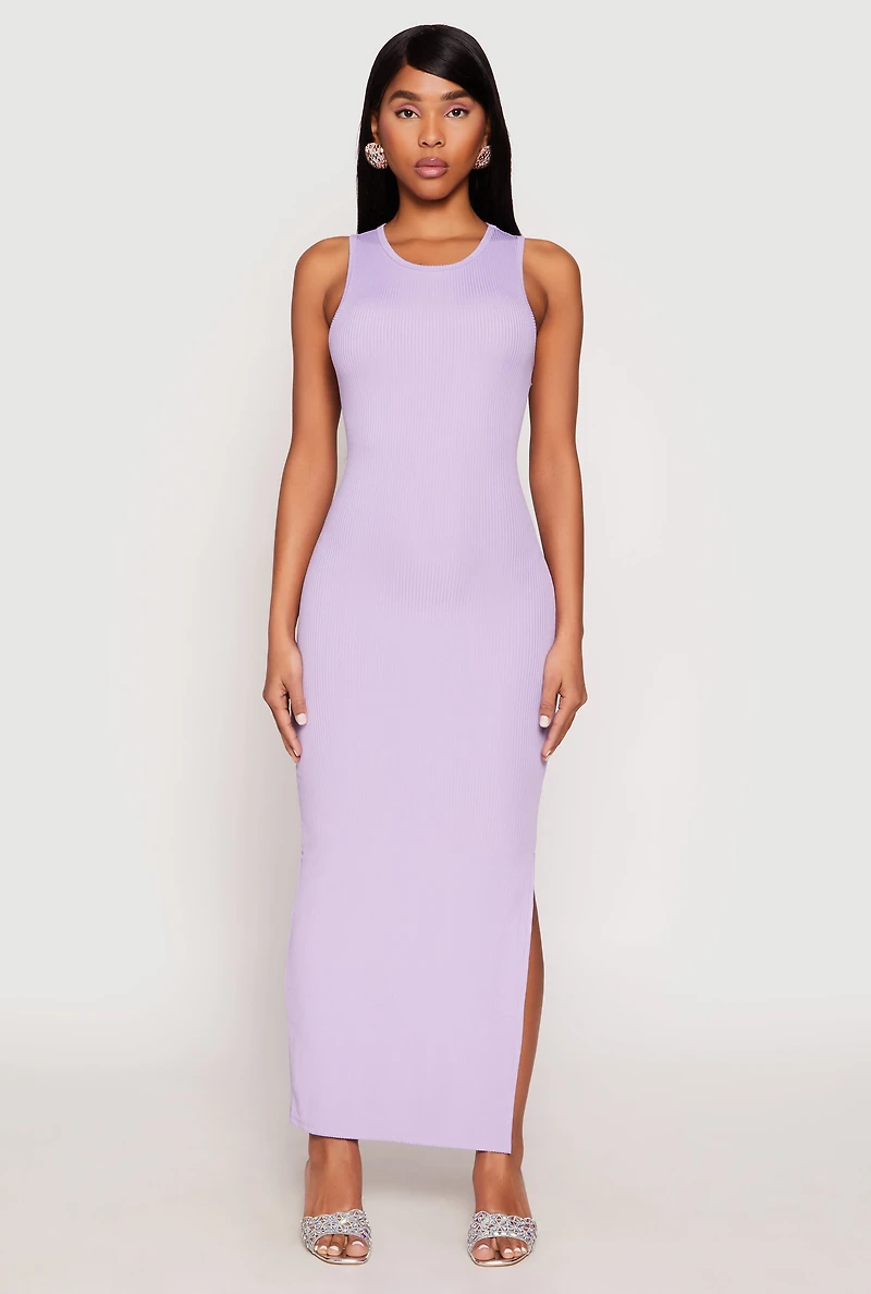 Womens Ribbed Knit Side Slit Tank Maxi Dress, M