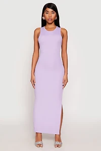 Womens Ribbed Knit Side Slit Tank Maxi Dress, M