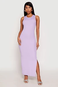 Womens Ribbed Knit Side Slit Tank Maxi Dress, M