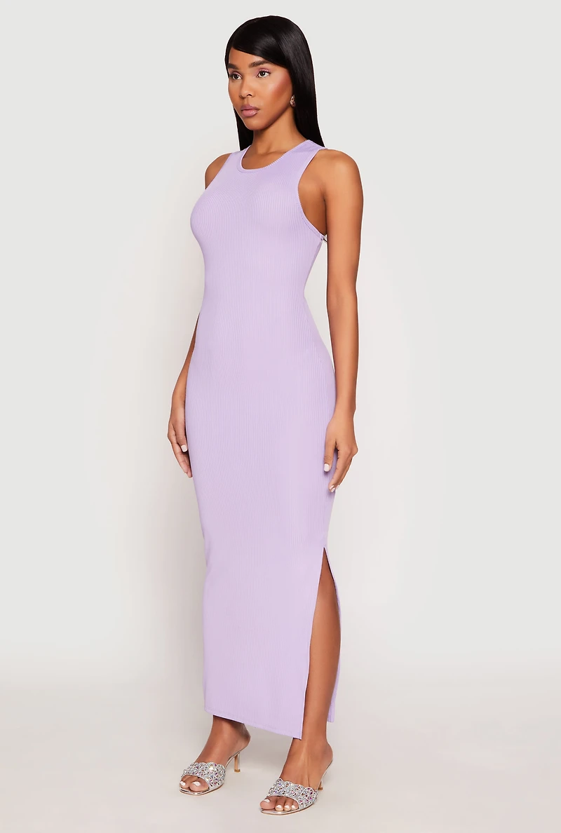Womens Ribbed Knit Side Slit Tank Maxi Dress, M