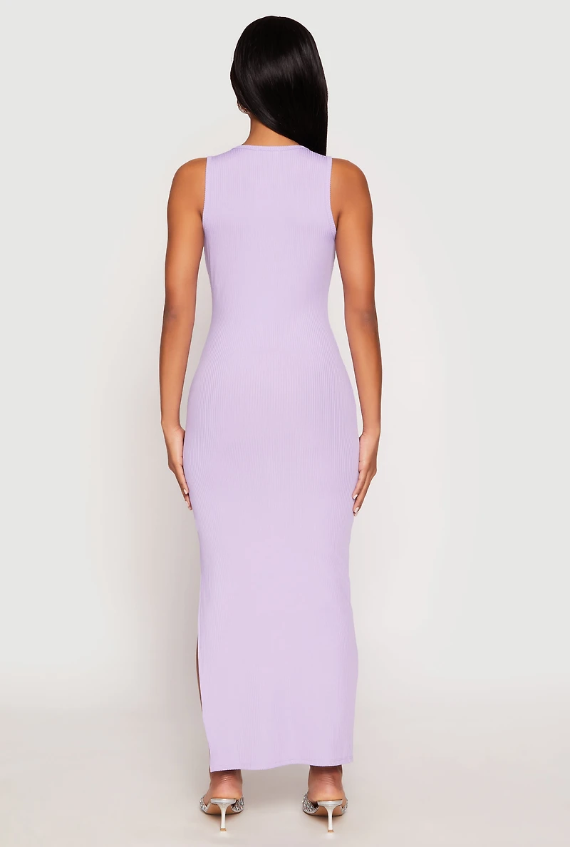 Womens Ribbed Knit Side Slit Tank Maxi Dress, M