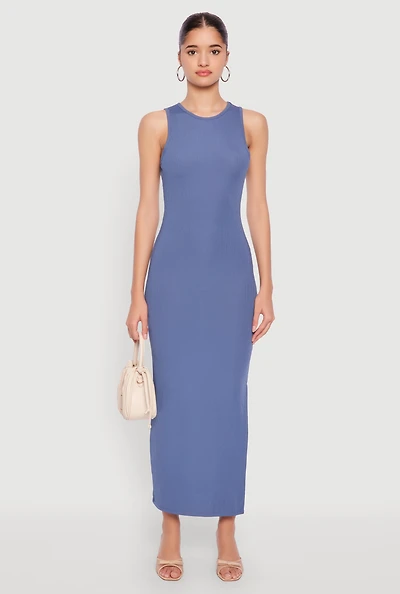 Womens Ribbed Knit Side Slit Tank Maxi Dress,