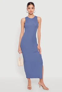 Womens Ribbed Knit Side Slit Tank Maxi Dress, Blue,