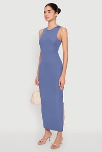 Womens Ribbed Knit Side Slit Tank Maxi Dress, Blue,