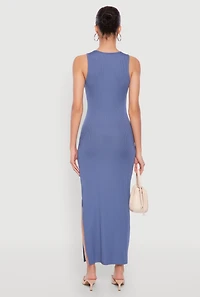 Womens Ribbed Knit Side Slit Tank Maxi Dress, Blue,