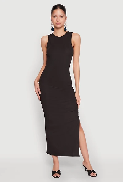 Womens Crew Neck Rib Knit Side Slit Maxi Dress,