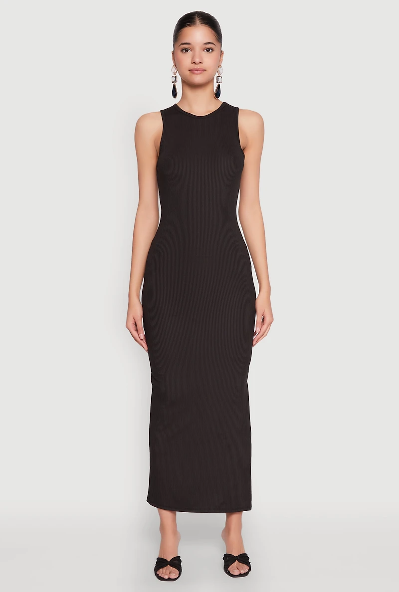 Womens Crew Neck Rib Knit Side Slit Maxi Dress,
