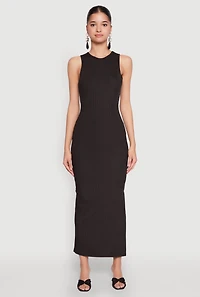 Womens Crew Neck Rib Knit Side Slit Maxi Dress,