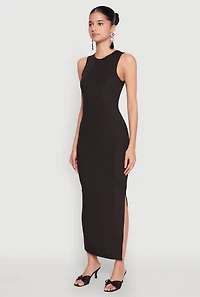 Womens Crew Neck Rib Knit Side Slit Maxi Dress,