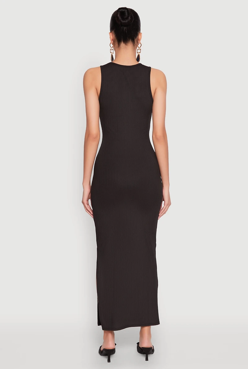 Womens Crew Neck Rib Knit Side Slit Maxi Dress,