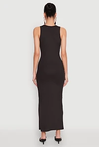 Womens Crew Neck Rib Knit Side Slit Maxi Dress,