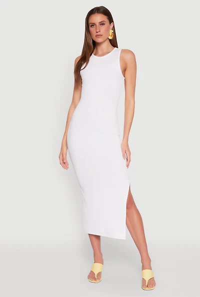 Crew Neck Rib Knit Side Slit Maxi Dress