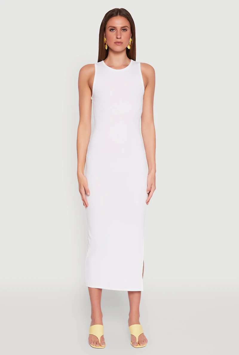 Crew Neck Rib Knit Side Slit Maxi Dress