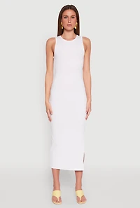 Crew Neck Rib Knit Side Slit Maxi Dress