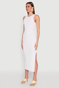 Crew Neck Rib Knit Side Slit Maxi Dress