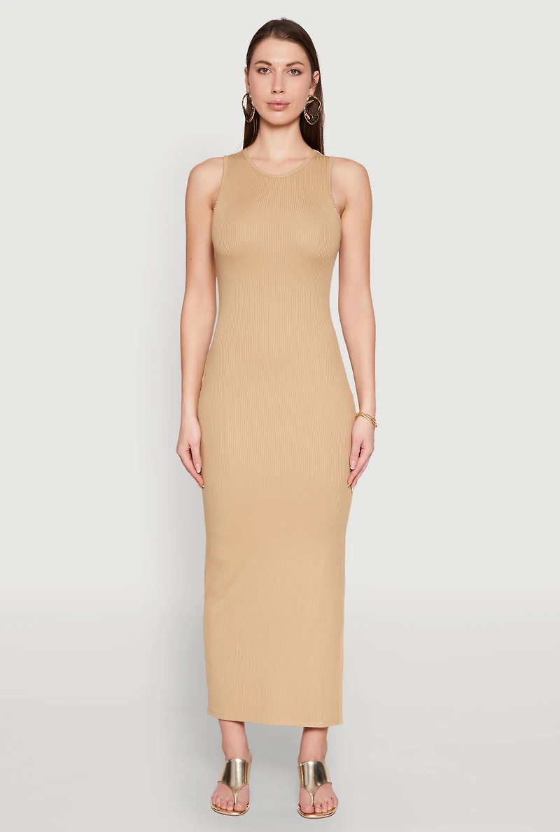 Womens Crew Neck Rib Knit Side Slit Maxi Dress,