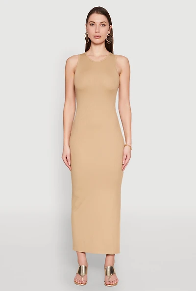 Womens Crew Neck Rib Knit Side Slit Maxi Dress,