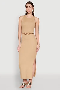 Womens Crew Neck Rib Knit Side Slit Maxi Dress,